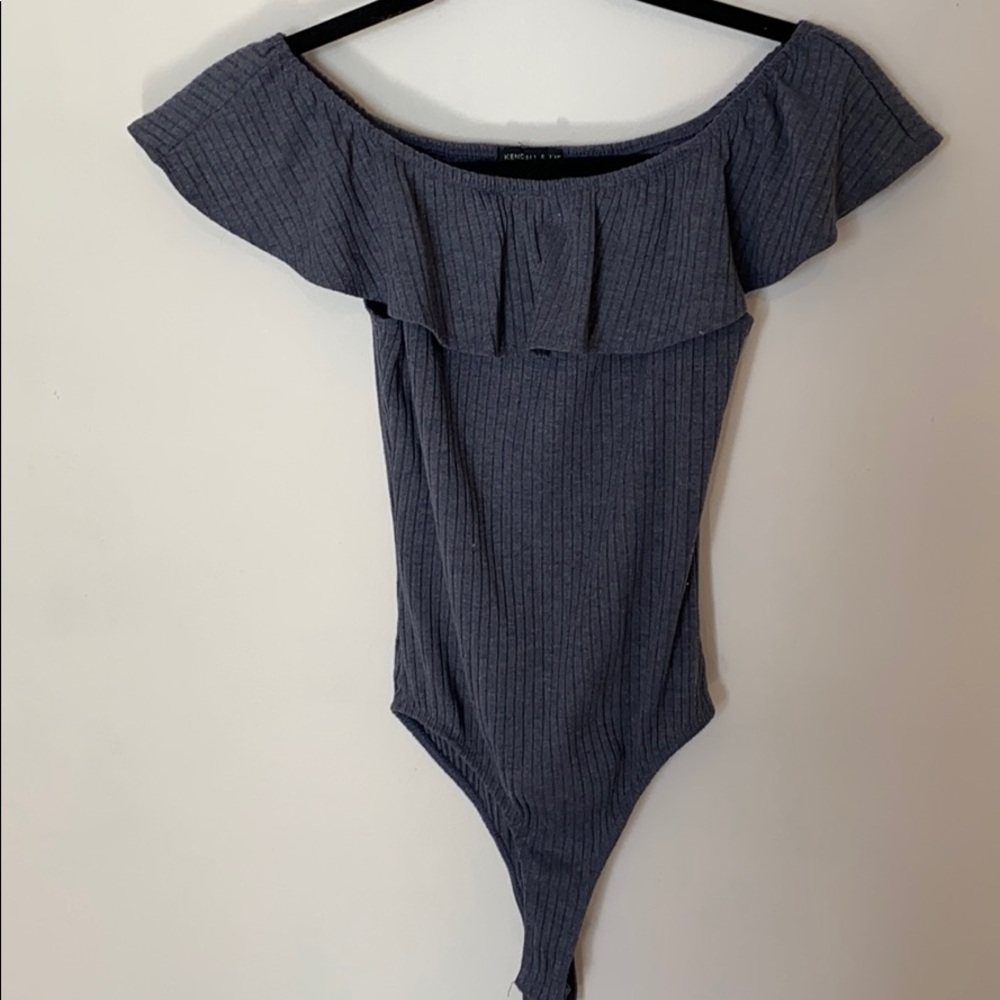 blue off the shoulder body suit